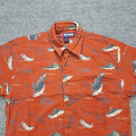 Reel Legends Shirt Mens Medium Orange Button Up Marlin Fish All Over Print - Picture 2 of 9